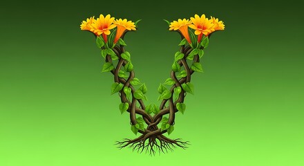 Fototapeta premium Letter v formed from blooming flowers and green foliage with roots