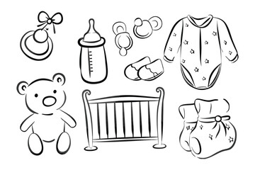Fototapeta premium Newborn Essentials: A collection of adorable baby-related icons. featuring baby bottles and a cradle alongside other essentials, capturing the essence of new beginnings.