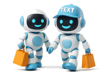 A cute robot couple walking hand in hand, carrying shopping bags. 3D render of friendly AI assistant mascots for e-commerce, isolated on a white background. The cap has space for text.
