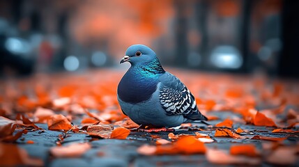 Vibrant pigeon perched amongst autumn leaves.