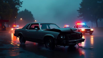 Foggy Night Road Accident with Police Response