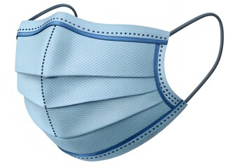 A light blue pleated medical face mask with blue stitching, isolated on white