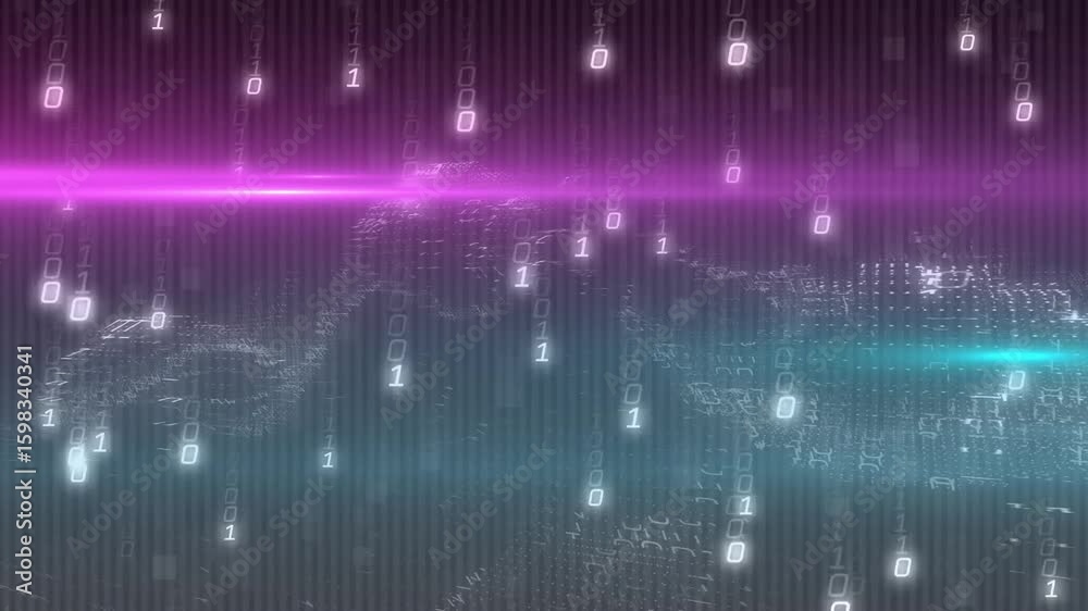 Poster neon magenta beam stretching across grid causing binary rain forming binary hills depicting data