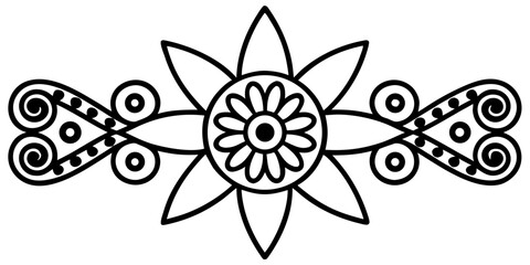 Stylized flower with spiral details, symmetrical design for decorative arts and crafts, black outline floral element, simple botanical motif