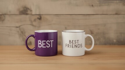 Coffee cups on wooden table with chalkboard sign and best friends text. Friendship day celebration background 