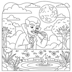 Funny cartoon vampire brushing his fangs near a magical fountain under full moon – black and white Halloween line art for kids coloring pages