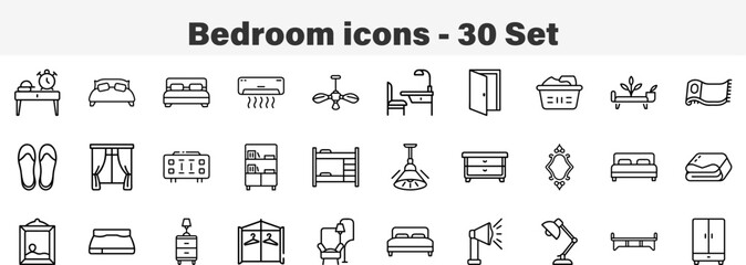 Bedroom Furniture and Home Interior Line Icon Set