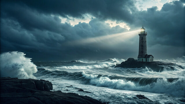A solitary lighthouse stands on a rocky outcrop amidst a stormy sea with crashing waves and dramatic clouds