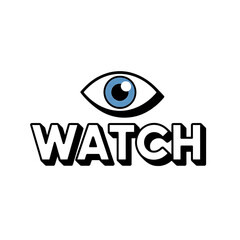 Modern "WATCH" text graphic with play button.