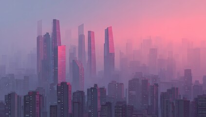 Misty, futuristic city skyline