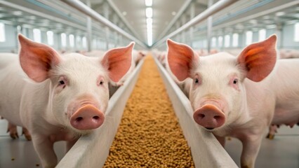 Two pigs in a barn setting, looking towards the camera, surrounded by other pigs and a feeding trough filled with grains.