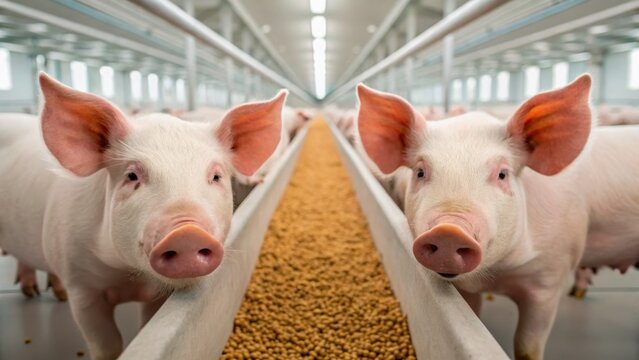 Two pigs in a barn setting, looking towards the camera, surrounded by other pigs and a feeding trough filled with grains.