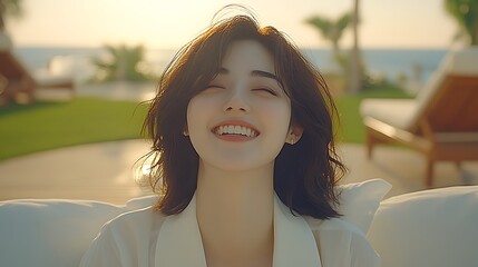 Smiling woman relaxing outdoors.