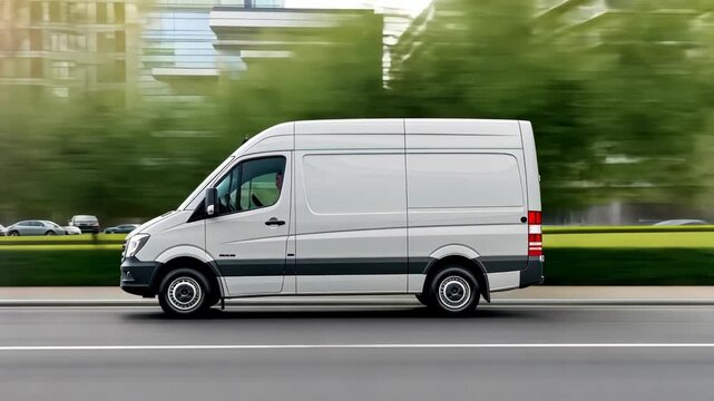 A delivery van navigates a bustling urban area, highlighting its role in facilitating commerce and transportation in city life