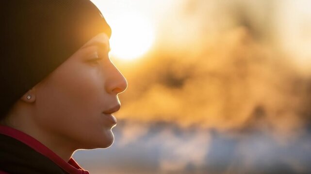 Woman exhaling visible breath in golden sunrise light