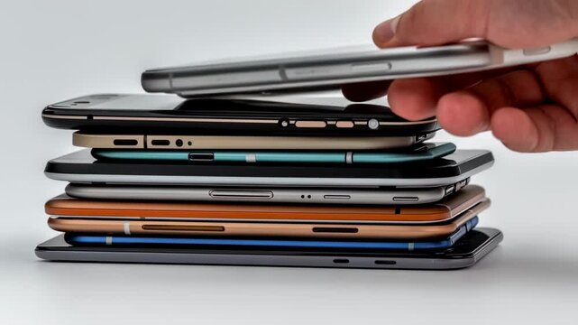 Stack of Used Smartphones: Concept of Electronic Waste and Technological Obsolescence in Modern