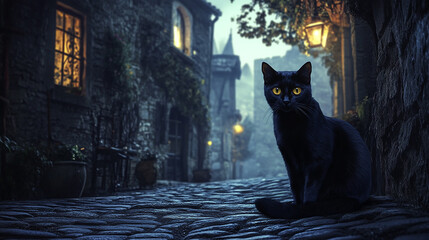 Mystic Midnight Prowler: A sleek black cat with captivating yellow eyes gazes directly at the viewer while sitting on a cobbled street, the enchanting nightscape of a historic town as a backdrop. 