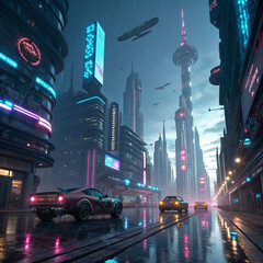 Cyberpunk Futuristic Cityscape with Neon Lights, Flying Cars, and Rainy Night Street

cyberpunk city, futuristic city, neon lights, flying cars, sci-fi city, rainy night, urban future, futuristic tech
