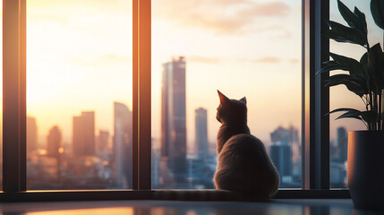 Cat Contemplating Cityscape: A serene scene of a cat gazing out of a panoramic window, overlooking a cityscape bathed in the golden light of the setting sun.