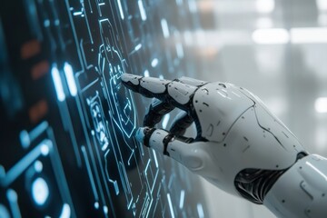 High-tech robot hand interacting with futuristic holographic display