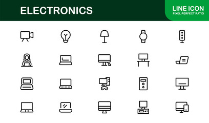 Electronics professional unique line icon pack &mdash; Modern vector outlines featuring laptops, smartphones, wearables, chips, sensors, drones, routers, green tech