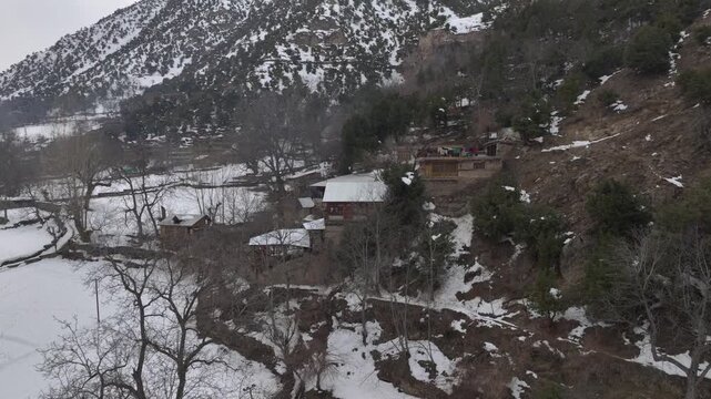 Kalash Valley at Winter, Village of Rumbur, Batrik, Bamburet, Aerial Shot. Kalash People Culture, Chitral, Pakistan.