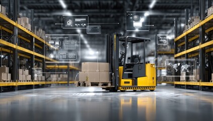 Industrial forklift in a warehouse with digital overlays