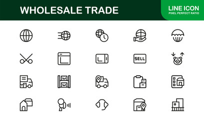 Wholesale Trade Business Supply Chain Distribution – Modern Professional Vector Line Icon Set, Minimal Scalable Symbols, Editable Stroke Assets