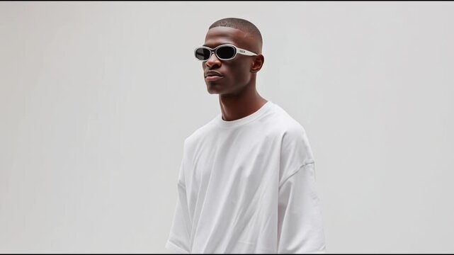 Model showcases modern urban fashion in minimalistic studio setting during daylight hours