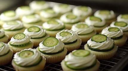 Cucumber topped cupcakes arranged on a wire rack.