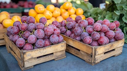 Wooden crates filled with plump purple grapes.