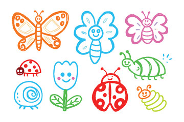 Fototapeta premium Whimsical Bug Parade: A delightful collection of hand-drawn insect illustrations, showcasing a playful and colorful array of charming bugs, perfect for adding a touch of fun and creativity.