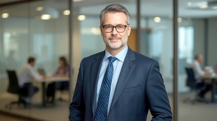 Successful mature businessman looking at camera with confidence. confident middle-aged man with short, graying hair and a neatly trimmed beard, wearing glasses