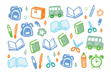 Back to school Doodle: vibrant and playful illustration of school essentials, perfect for education-themed projects.
