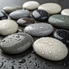 Close-up of Wet Smooth Stones with Water Droplets on Dark Surface

