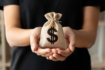 A Woman Presenting a Burlap Sack of Money with Dollar Sign Depicting Financial Success and Wealth Management in a Generous Gesture