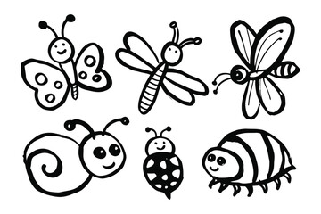 Whimsical Insect Collection: Charming cartoon illustrations of various insects, featuring a butterfly, dragonfly, bee, snail, ladybug, and beetle, evoking a sense of joy and lightheartedness.