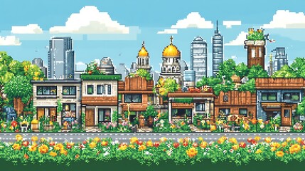 Pixel art cityscape with colorful buildings and lush greenery.