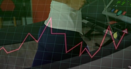 Female runner jogging on treadmill for workout, console pink graph overlay tracking performance - Powered by Adobe