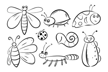 Whimsical Insect Line Art: A collection of delightful line drawings showcases an array of charming insects, perfect for adding a touch of whimsy to your projects.