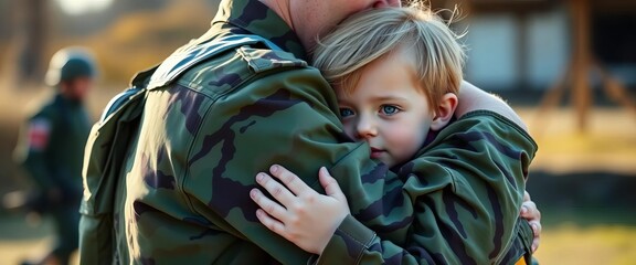 Tender embrace, military uniform, child, Ukraine, togetherness, camouflage