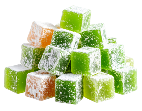  Colorful Pile of Turkish Delight Cubes with Powdered Sugar, Front View, isolated on transparent background