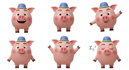 Obraz premium Cartoon pigs set various expressions