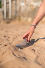 vertical Volunteer picking up plastic bottle on the beach during summer
