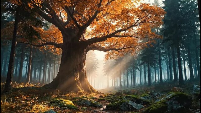 Cinematic shot of a majestic ancient tree with golden autumn leaves in a mystical forest with sunbeams.
