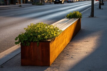 Wood bench planters street view with city life blurred background, urban resting spot