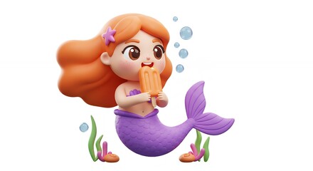 Fototapeta premium Cute cartoon mermaid eating popsicle