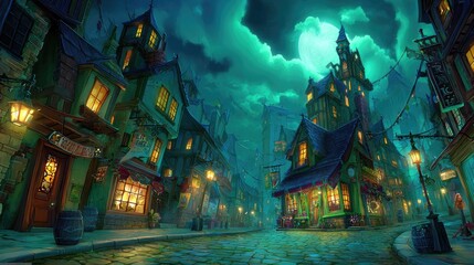 Obraz premium Nighttime, whimsical, gothic town