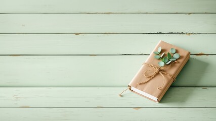 Gifted Book with Twine and Greenery Resting on a Light Green Wood Plank Surface with Generous Copy Space for Text or Design Elements