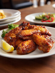 Fototapeta premium Crispy chicken wings served with a lemon wedge on a white plate